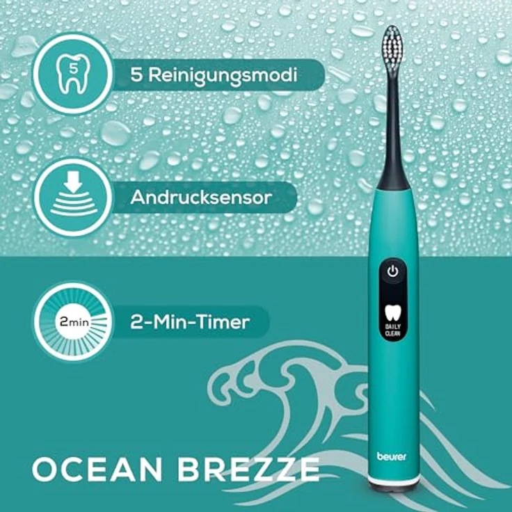 Beurer SC 50 Green Planet Ocean Breeze, Schallzahnbürste mit 5 Reinigungsprogrammen, integriertem Andrucksensor und LCD-Display, umweltfreundliches Design – Bild 3