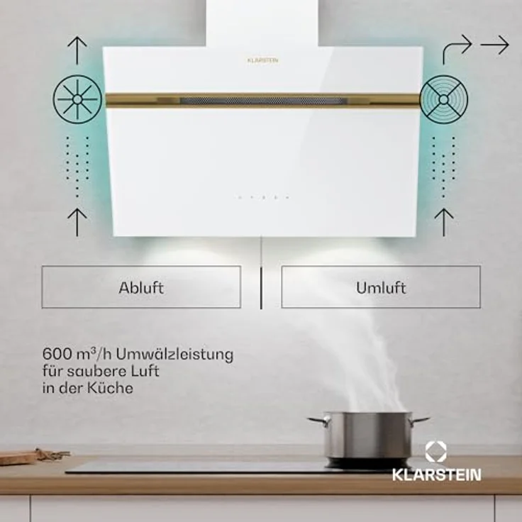 Klarstein Dunstabzugshaube Alina, 60 cm Wandhaube mit 600 m³/h, Energieeffizienzklasse A, LED-Beleuchtung in 9 Farben, Touch-Bedienfeld, Weiß-Gold, Umluftbetrieb möglich – Bild 2