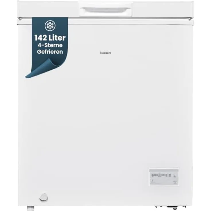 homeX FT1421-W Gefriertruhe, 142 Liter, 4-Sterne Gefrieren, leise 38 dB, inklusive Ablagekorb, kompakte Maße 70,5 x 85 x 56 cm