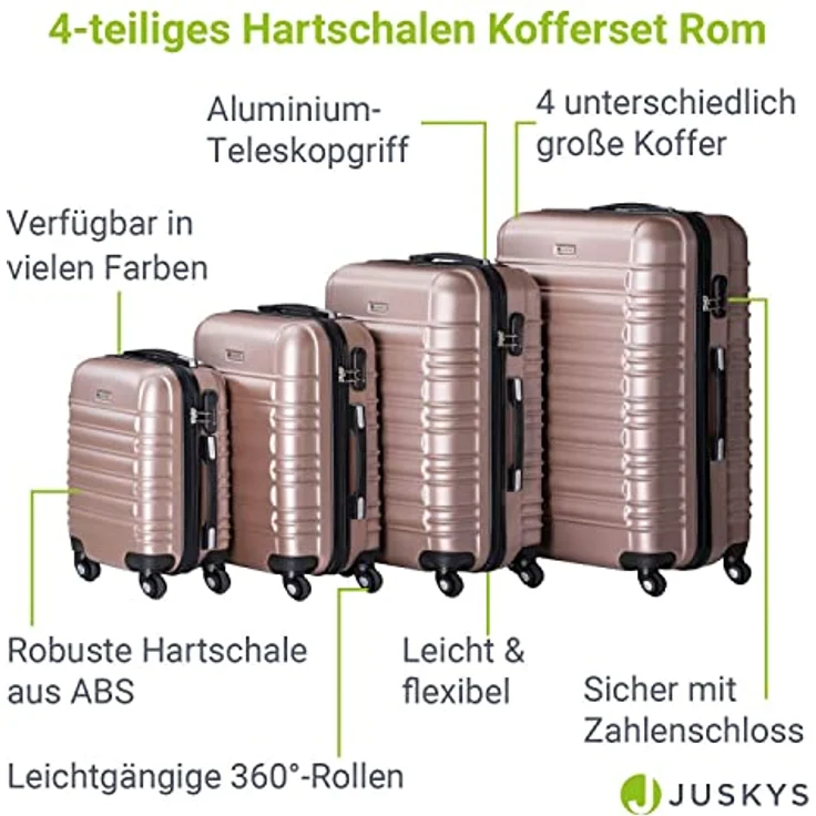 Juskys Hartschale Kofferset Reisekoffer 4 teilig - Zahlenschloss, geräuscharme 360° Rollen groß, Teleskopgriff, leicht - Koffer in Rosa – Bild 3