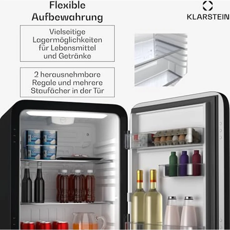 Klarstein Audrey Evo 68L Retro Mini Kühlschrank, 40 dB, kompakt mit verstellbaren Füßen, Wendetür, mechanischem Thermostat, schwarz – Bild 5