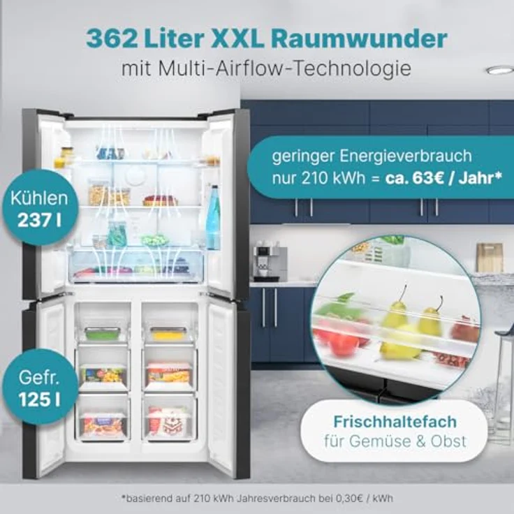 Bomann® French Door Kühlschrank No Frost | KG 7358 schwarz-inox | 362L Nutzinhalt, MultiAirflow-System – Bild 2