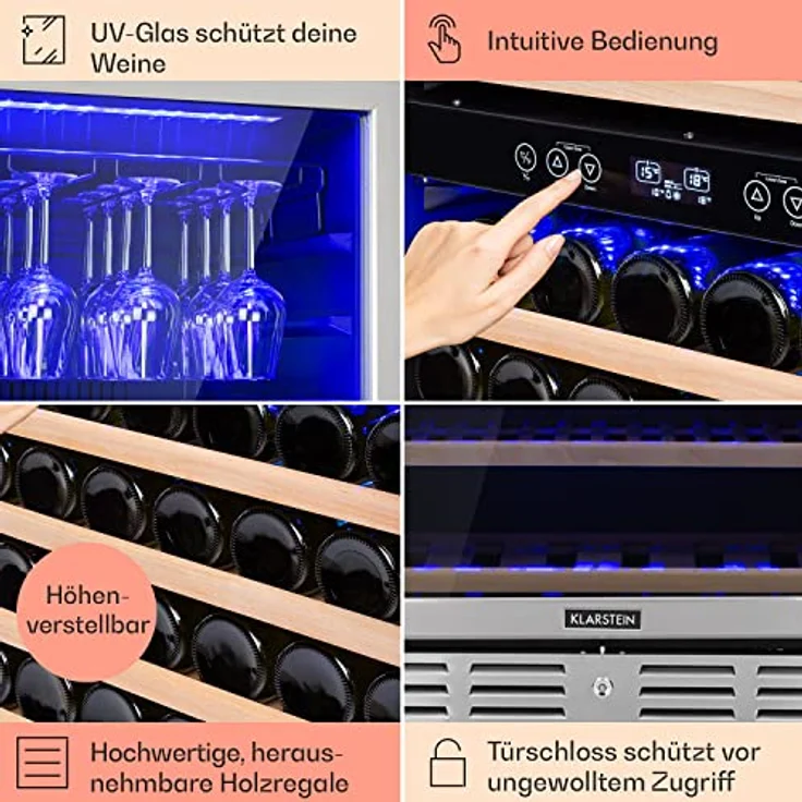 Klarstein Einbau-Weinkühlschrank, 2 Zonen Getränkekühlschrank Klein, Kleiner Weinschrank 306L, Wein-Kühlschrank Klein mit Glastür, Indoor/Outdoor Flaschenkühlschrank, Wine Fridge 116 Flaschen – Bild 5