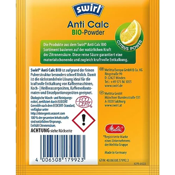 Swirl Anti Calc Bio-Powder (2x 20g) mit Citrus Power | Entkalkungspulver geeignet für Kaffeemaschinen, Kaffeevollautomaten, Padmaschinen, Wasserkocher – Bild 2