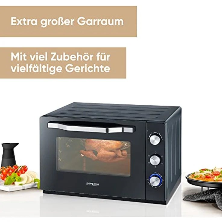 SEVERIN XXL Back- und Toastofen mit Umluftfunktion, Backofen mit Grillrost, Backblech, Drehspieß und Pizzastein, vielseitiger Heißluftofen mit 60 L Kapazität, 2.200 W, schwarz, TO 2073 – Bild 2