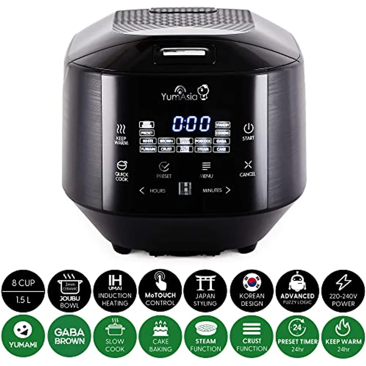 Yum Asia Bamboo Reiskocher mit Induktionsheizung (IH) und Keramikschale, 7 Reiskochfunktionen, 4 Multikocherfunktionen, Motouch LED-Anzeige (1,5 Liter) 220-240V Europa Power (Anthrazitschwarz) – Bild 2