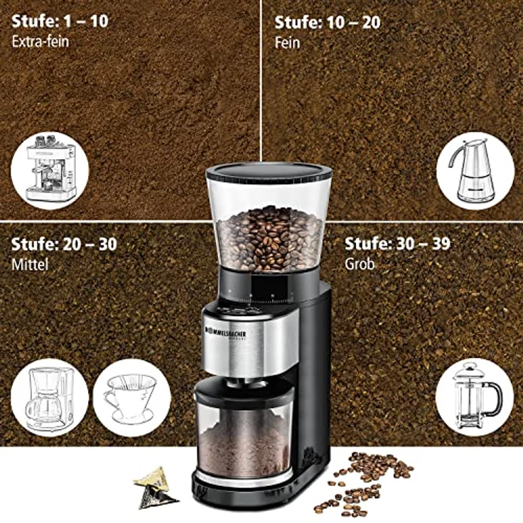ROMMELSBACHER Kaffeemühle EKM 500 - Kegelmahlwerk, Präzisions-Waage, Halterung für Siebträger, Mahlgrad in 39 Stufen, 5 Funktionstasten für individuelle und flexible Nutzung, Schwarz/Edelstahl – Bild 5