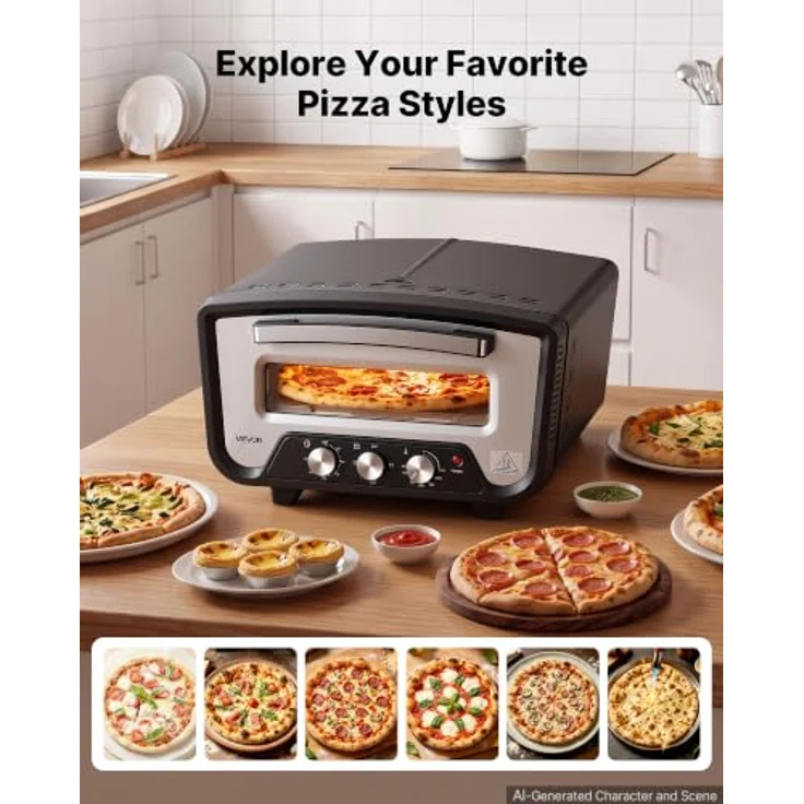 VEVOR Elektrischer Pizzaofen für Ø 30,5 cm (12 Zoll), 2200 W, 430 °C, Kaltgewalztes Stahl-Gehäuse, mit Pizzastein und separater Temperatur- und Zeitregelung – Bild 6