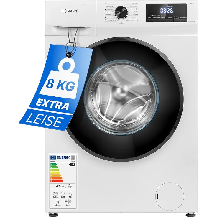 Bomann® Waschmaschine WA 7185 8kg | max. 1400 U/min | robuster, leiser & langlebiger Invertermotor | 10 Jahre Motor-Garantie | 15 Waschprogramme | LED-Display | Washing Machine mit Dampffunktion | WA 7185