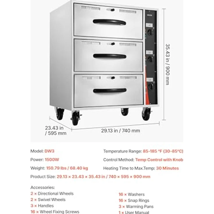 VEVOR DW3, kommerzieller elektrischer Schubladenwärmer mit 3 Schubladen, Edelstahl, Temperaturbereich 30–85 °C, für Restaurants und Bäckereien – Bild 7
