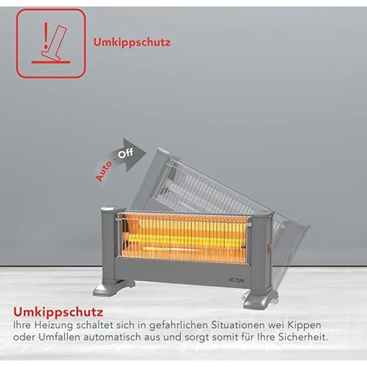 ICQN Infrarot Standheizstrahler, Elektroheizung mit 900 W für Räume bis 10m², Silber, 135 cm Kabel, IP20 zertifiziert – Bild 3