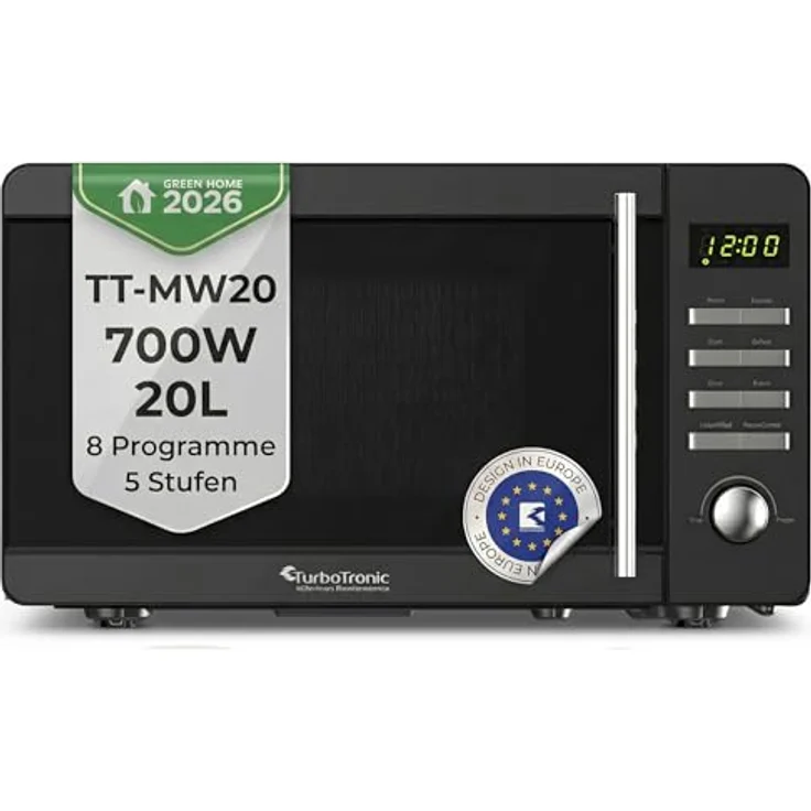 TurboTronic TT-MW20 Digitale Mikrowelle, 700 Watt, 8 Automatik-Kochprogramme, 5 Stufen, 30s Quickstart, LED-Display, Kindersicherung, Schwarz – Bild 1