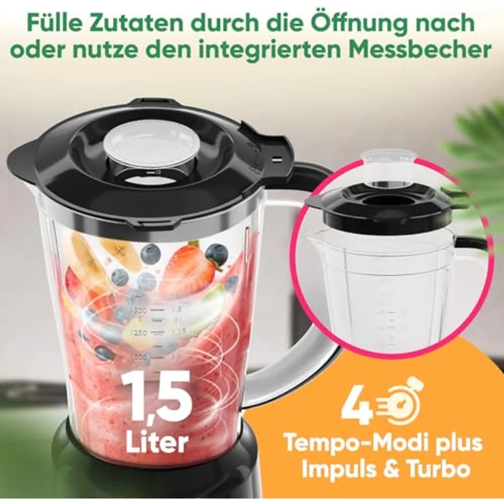 Clatronic UM 3845 Standmixer 500W, 1,5L Smoothie Maker mit Ice-Crush Funktion, BPA-frei, 4-fach rostfreies Edelstahlmesser, 3 Stufen, Turbo-Funktion, Deckel mit Nachfüllöffnung – Bild 2