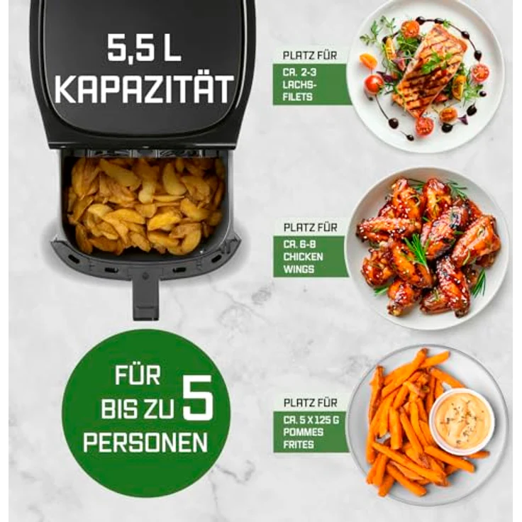GOURMETmaxx AirGenius Heißluftfritteuse, 5,5 L Airfryer mit 7 Programmen, mattschwarz, LED-Touchscreen, für fettfreies Kochen von 3–5 Personen – Bild 5