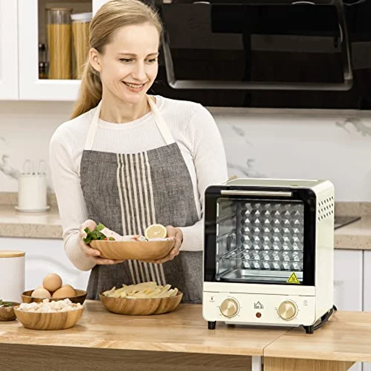 HOMCOM Minibackofen 15L, Pizza-Ofen mit Umluft, 1000 W Elektrischer Mini Ofen inkl. Backblech Set, Krümelblech, 1 Std. Timer, 60-230℃, Cremeweiß – Bild 2