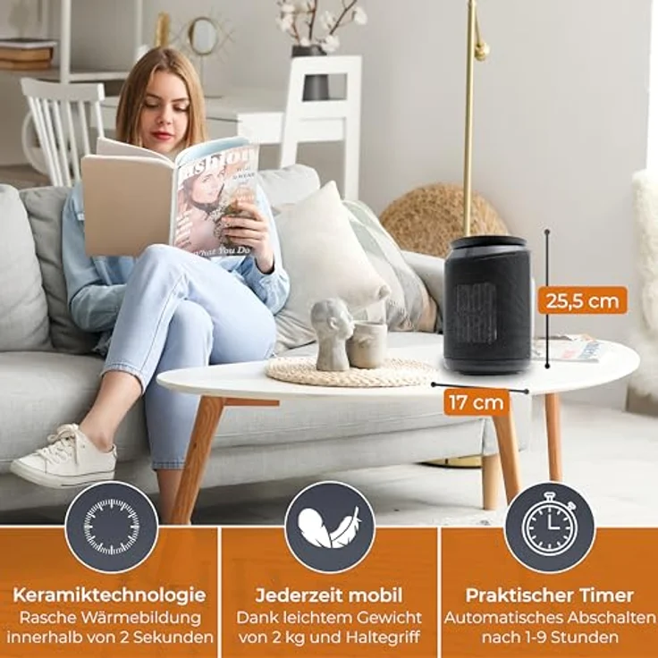 KLAMER Heizlüfter 2000 W, PTC Keramik Heizlüfter energiesparend, 3 Heizstufen inkl. Eco, 9 Std Timer, Kippschutz, Thermosicherung, Überhitzungsschutz – Bild 3