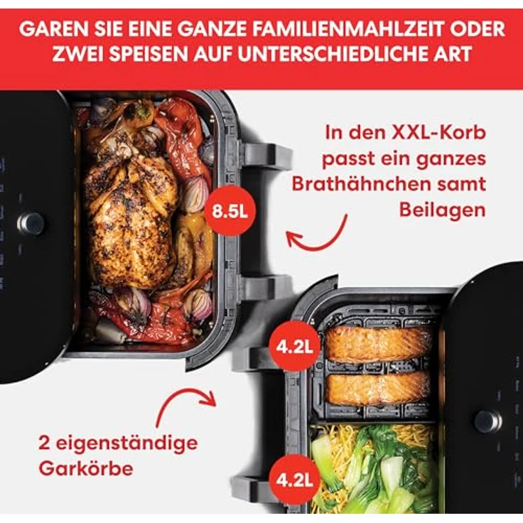 Instant VersaZone Heißluftfritteuse/XXL Single + Doppelkammer in 1-8.5L Digitaler Air Fryer Edelstahl, 8-in-1 Smart Programme - Frittieren, Backen, Braten, Grillen, Dörren, Aufwärmen – Bild 3