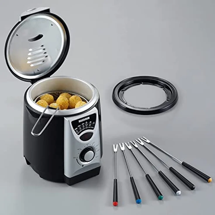 Severin FR 2408 2-in-1 Mini-Fritteuse, Fritteuse-Fondue 840 W, Inkl. 6 Fondue-Gabeln, 200 g Frittiermenge Silber-schwarz – Bild 4