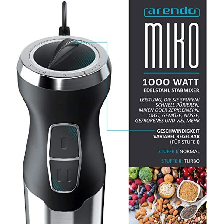 Arendo Stabmixer 1000 Watt Edelstahl - vierflügeliges Messer - Pürierstab - stufenlose Geschwindigkeitsregelung - Turbotaste - abnehmbarer Mixfuß - GS zertifiziert - Modell 2020 – Bild 2