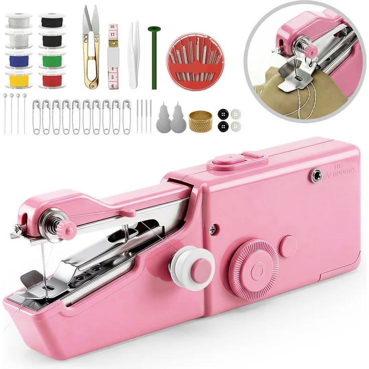 Bundviel Mini Elektrische Nähmaschine, Tragbare Handnähmaschine in Rosa mit Unterfaden