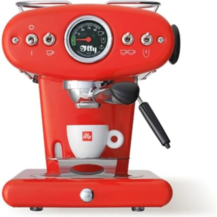 Illy X1 Anniversary, Siebträgermaschine für gemahlenen Kaffee und E.S.E.-Pads, Edelstahl mit rotem Gehäuse, 1 Liter Wassertank, integrierter Milchaufschäumer