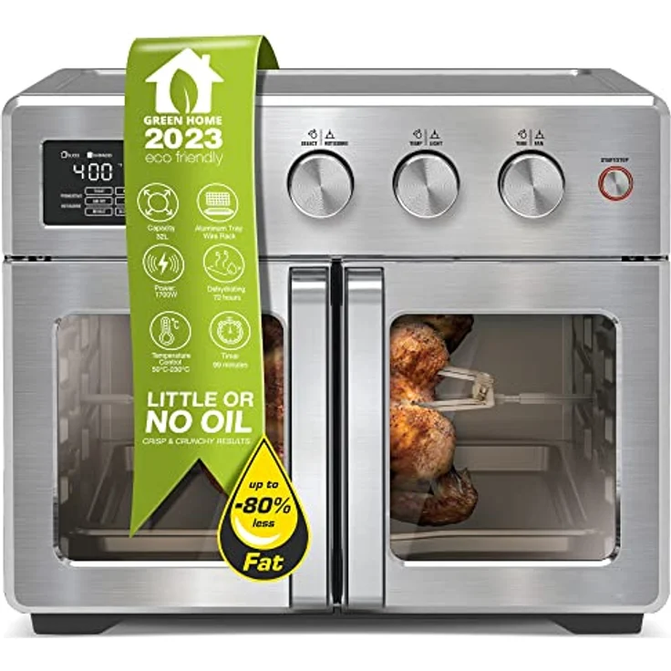 TurboTronic Mini Backofen - 4in1 Heißluftofen und Heißluftfritteuse XXL Version 32L inkl. Drehspieß & viel Zubehör Backblech, Dörrgerät ab 25°C & Grill, Airfryer (silber) – Bild 1