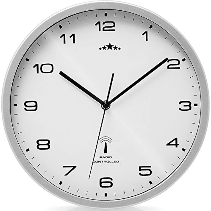Monzana Wanduhr Funk Automatische Zeitumstellung Geräuscharm Quarzuhrwerk Analog 31cm Küche Funkuhr Uhr Modern Weiß Silber