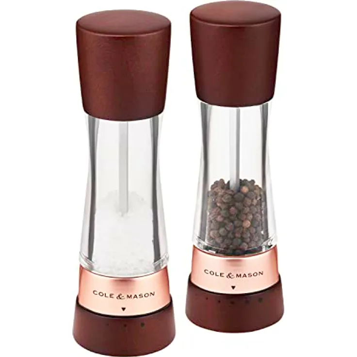 Cole & Mason H332296 Derwent Kastanie Roségold Salz und Pfeffermühle,2er Set Manuell mit einstellbar, Acryl/Gebeiztes Buchenholz, 190mm, Gourmet Precision+, Geschenkset,