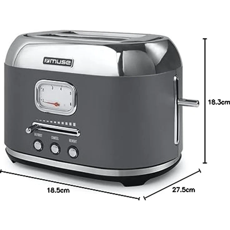 Muse Edelstahl-toaster im grauen retro Design, analoge Anzeige, beleuchtete Tasten, 6 Bräungsstufen, 2 Scheiben, MS-120 DG, Vintage Look, mit Krümelschublade – Bild 5