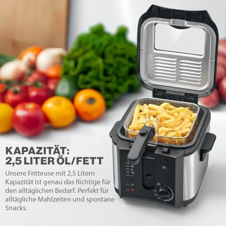 Clatronic FR 3649 Fritteuse, 1600 W, 2.5 L Öl-Fett Füllmenge, Stufenlos regelbarer Thermostat 130°C - 190°C, Edelstahlapplikation, schwarz – Bild 2