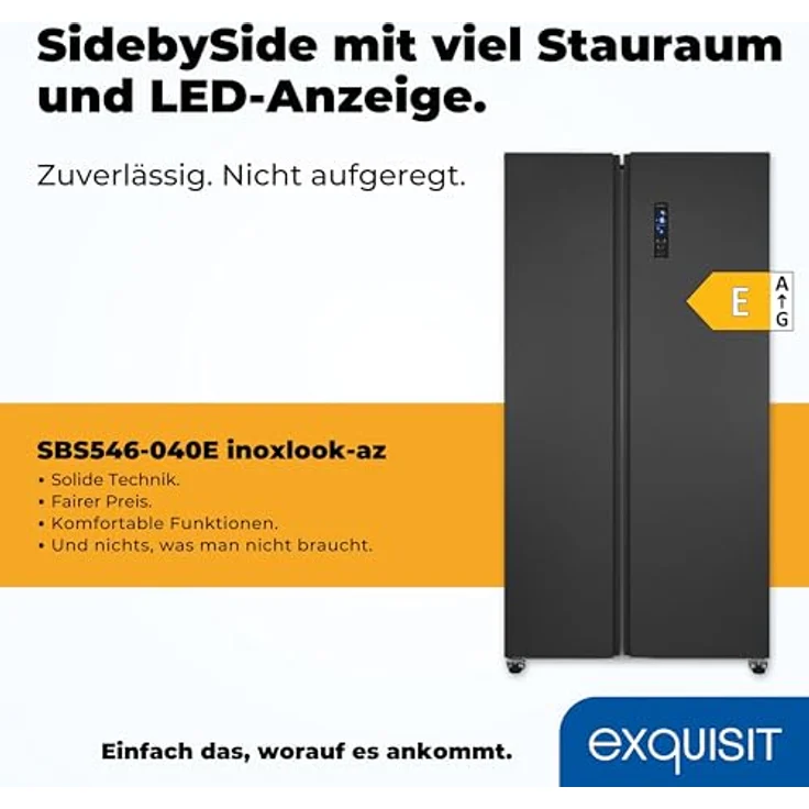 Exquisit Side-by-Side-Kühlschrank, NoFrost, 442 Liter, LED-Display, inoxlook-az – Bild 2