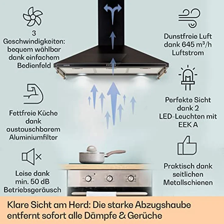 Klarstein Dunstabzugshaube für die Küche, Abzugshaube Umluft/Abluft, Dunstabzugshaube 90 cm, Dunstabzugshaube mit Spülmaschinenfestem Filter, Dunstabzug Leise, Dunstabzugshauben mit 645m³/h Luftstrom – Bild 2