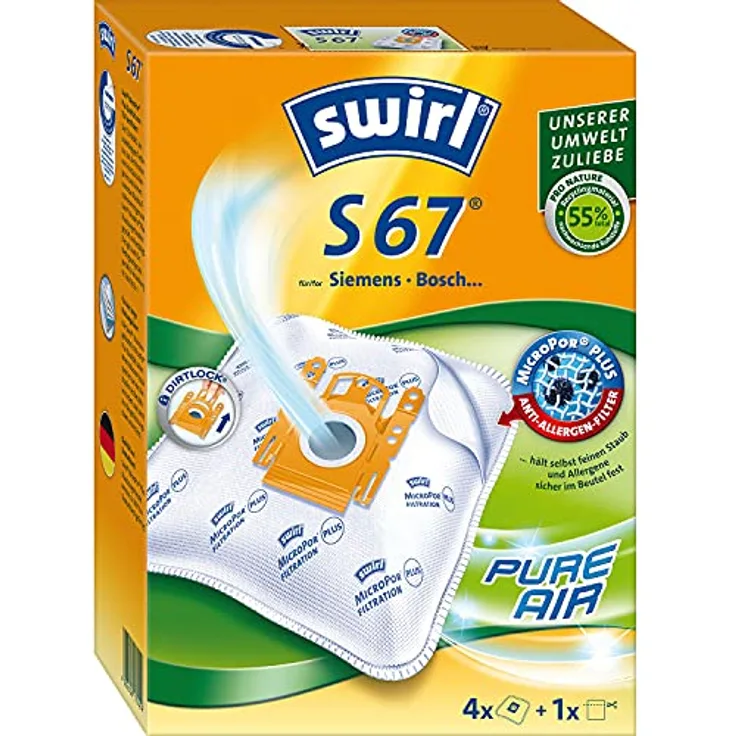 Swirl S67 PureAir MicroPor® Plus Staubsaugerbeutel, 4 Stück, Anti-Allergen-Filter, Recyclingmaterial, Made in Germany