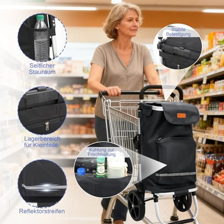 Sekey Faltbarer Einkaufstrolley 60L, 3-in-1 Einkaufswagen mit Kühlfach und höhenverstellbarem Griff, Aluminium, Schwarz – Bild 4