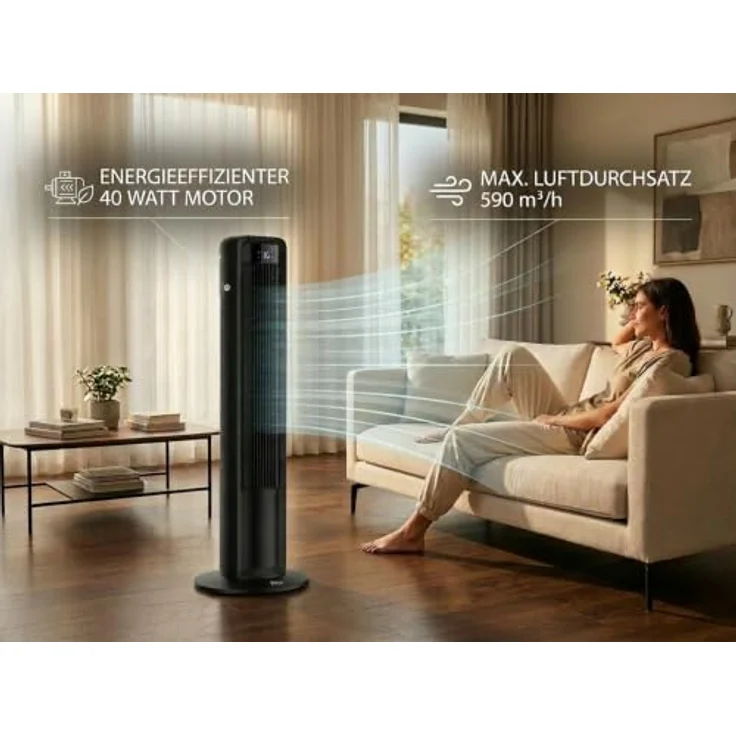 Fakir TV 18 PLUS Turmventilator mit 40W Motor, 60° Oszillation, Display, Fernbedienung & Tragegriff, leise – Bild 5