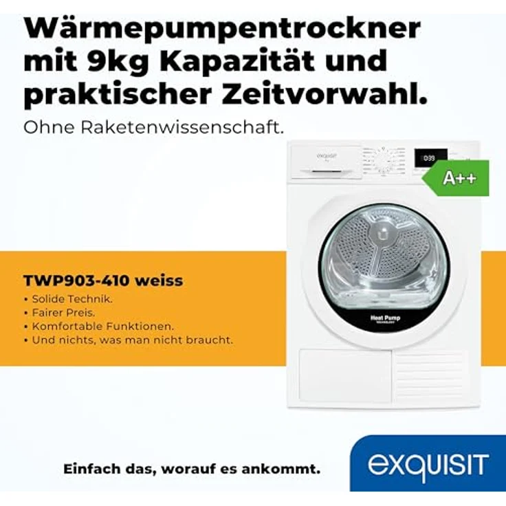 Exquisit Wärmepumpentrockner TWP903-410 weiss | 9 kg Fassungsvermögen | Energieeffizienzklasse A++ | Kindersicherung | Auto Abschaltung – Bild 2