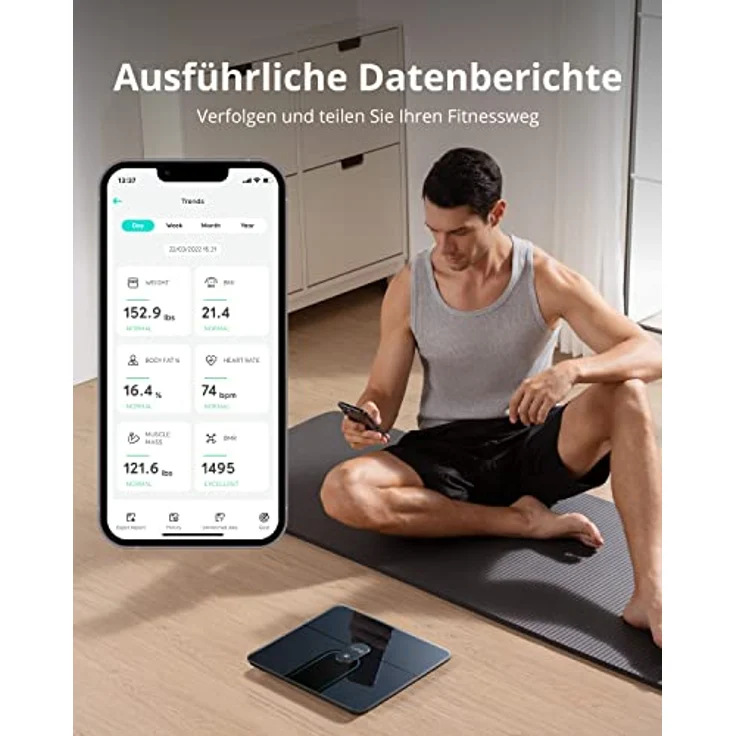 eufy Personenwaage, Smart Scale P2 Pro, Digitale Körperfettwaage WLAN/Bluetooth, 16 Messwerte inkl. Gewicht, Herzfrequenz, Körperfett, BMI, Muskel-/Knochenmasse (Schwarz) – Bild 5