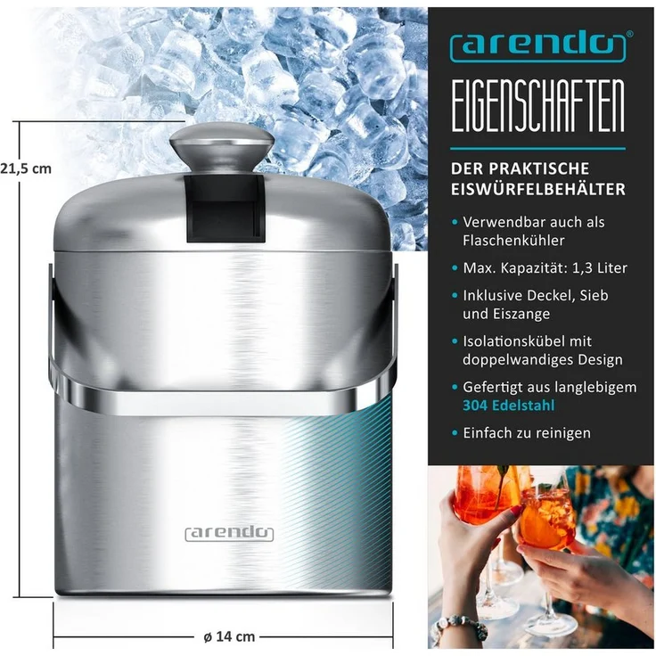 Arendo Eiseimer Edelstahl, doppelwandiger Eiswürfelbehälter mit 1,3L, inklusive Deckel, Zange und Abtropffilter, BPA-frei: Tests, Infos & Preisvergleich