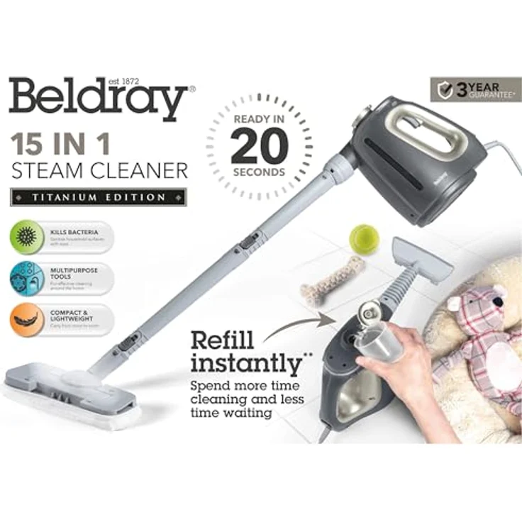 Beldray 15-in-1 Dampfreiniger, Multifunktionaler Handdampfer mit 550ml Wassertank, 1350W, einsatzbereit in 20 Sekunden, chemiefreie Reinigung, umfangreiches Zubehörset – Bild 3