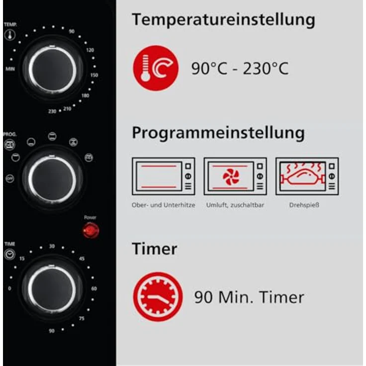Steba Grillbackofen KB 224 mit PFAS-freiem Innenraum, ca. 24 Liter, 3 Einschubebenen, emailliertes Backblech, Grillrost, Drehspieß, Doppel-Glastür – Bild 3