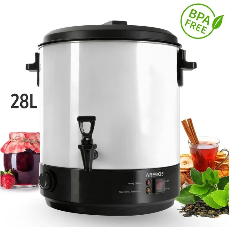 Arebos Einkoch- und Glühweinautomat 28 L, 2500 W mit Timer, Zapfhahn und Cool-Touch Griffe, weiß