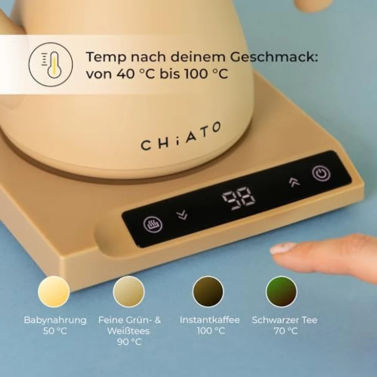 CHiATO flowPLAY Wasserkocher, 0,6 Liter, mit Temperaturwahl 40-100 °C, Touch-Display und 360°-drehbarem Sockel – Bild 6