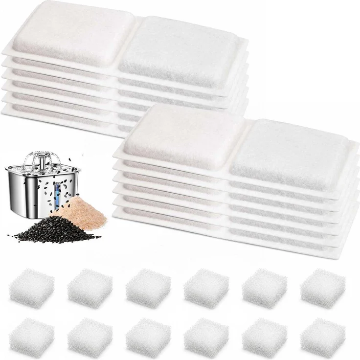 WOKICOR Katzenbrunnen Filter Set, 12 Aktivkohlefilter + 12 Schwammfilter für Pliera W01SP 3.2L, mehrschichtige Filterung gegen Haare und Partikel