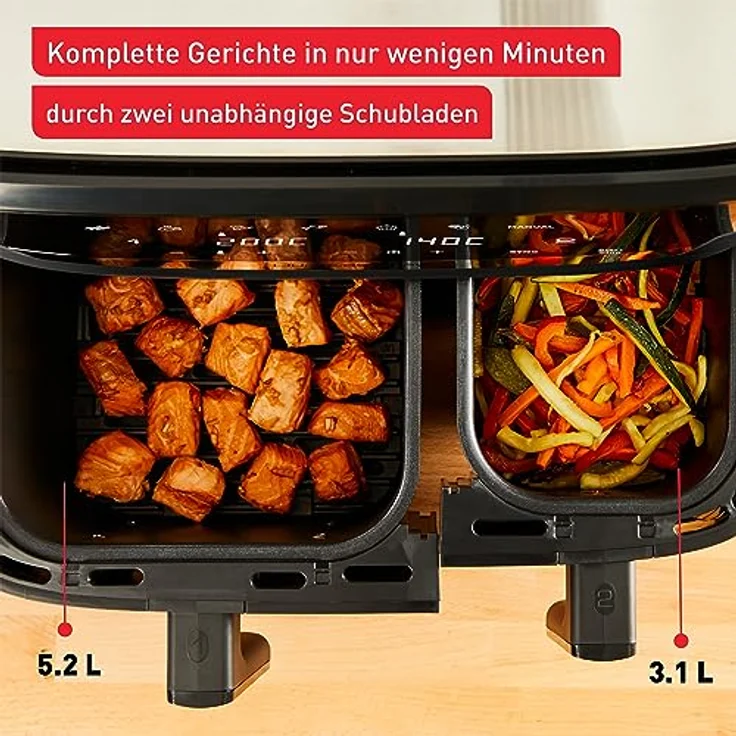 Tefal EY9018 Dual Easy Fry Doppelkammer-Heißluftfritteuse | 5,2/3,1 L Fassungsvermögen | zwei unabhängige Schubladen | 7 automatische Programme | energiesparend | Schwarz – Bild 5