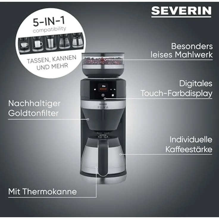 Severin KA 9695, Vollautomatische Filterkaffeemaschine mit isolierter Kaffeekanne, Schwarz – Bild 3