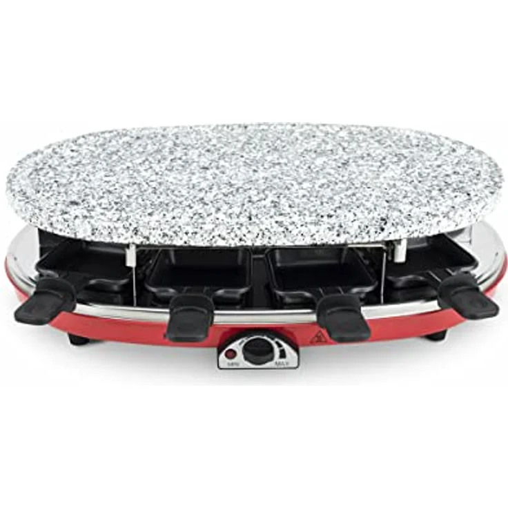 H.Koenig RP418 Raclette-Gerät 4 in 1 - 8 Personen - Raclette, Natursteingrill, Crepe-Platte und Grillplatte - mit 8 Pfännchen - 1500 W - schwarz-rot – Bild 5