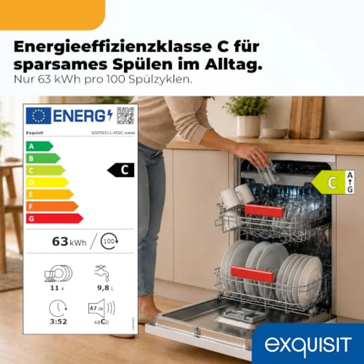 Exquisit GSP59311-450C Geschirrspüler für 11 Maßgedecke, Energieklasse C, 7 Spülprogramme, Aquastop, Besteckschublade, Unterbaufähig, Weiß – Bild 2
