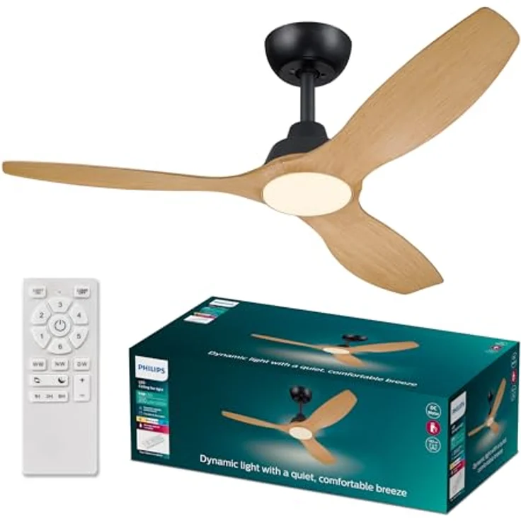 Philips Olas Deckenventilator, 52" mit 24 W LED-Licht, DC-Motor, dimmbar, Farbtemperatur (3000 K, 4300 K, 6500 K), Schwarz/Holz, inkl. Fernbedienung – Bild 1