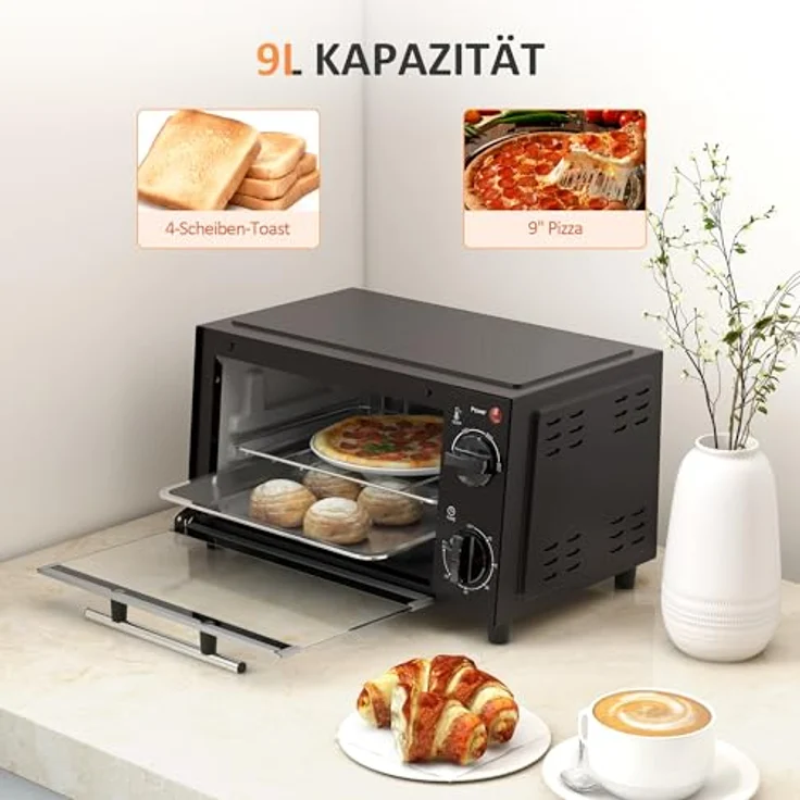 HOMCOM Minibackofen 9L, mit Backblech, Grillrost, 100 °C-230 °C, 60 Min. Timer, 750W, Edelstahl, Schwarz – Bild 3