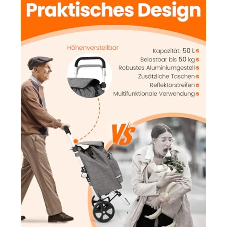 HOMECALL Einkaufstrolley klappbar 3 in 1 mit Kühltasche, 55L Kapazität, 50kg Tragkraft, Treppensteiger-Räder, ergonomic Griff, grau – Bild 5